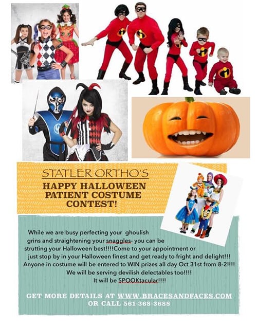 Families in Halloween costumes smiling, jack-o-lantern pumpkin, Statler Orthodontics contest promotion.