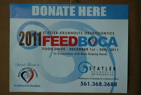 Donation flyer for FeedBoca food drive organized by Statler Orthodontics, December 1-14, 2011.