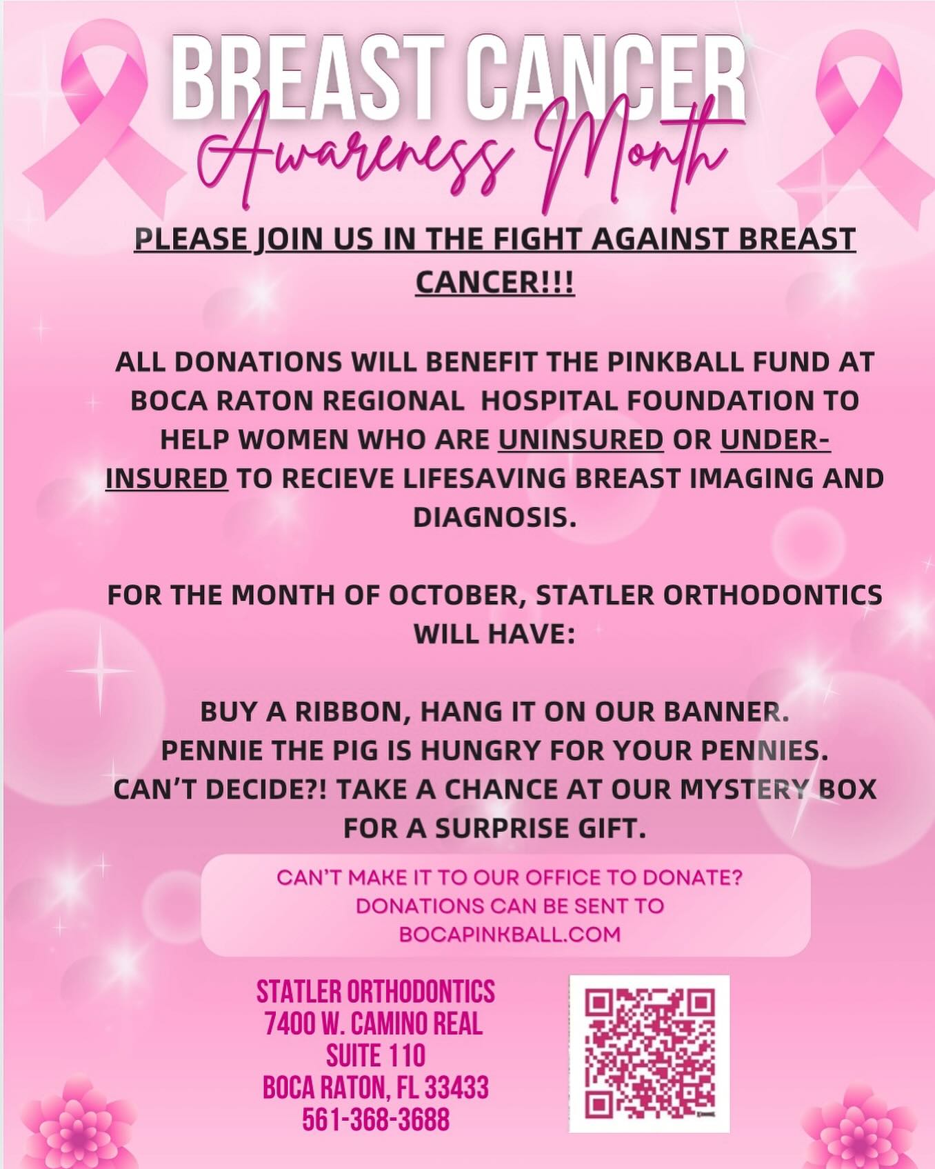 Breast Cancer Awareness Month flyer promoting Statler Orthodontics fundraising campaign for Pinkball Fund.