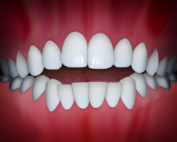 Perfect white teeth in closed bite alignment against red gum background, dental orthodontics concept.