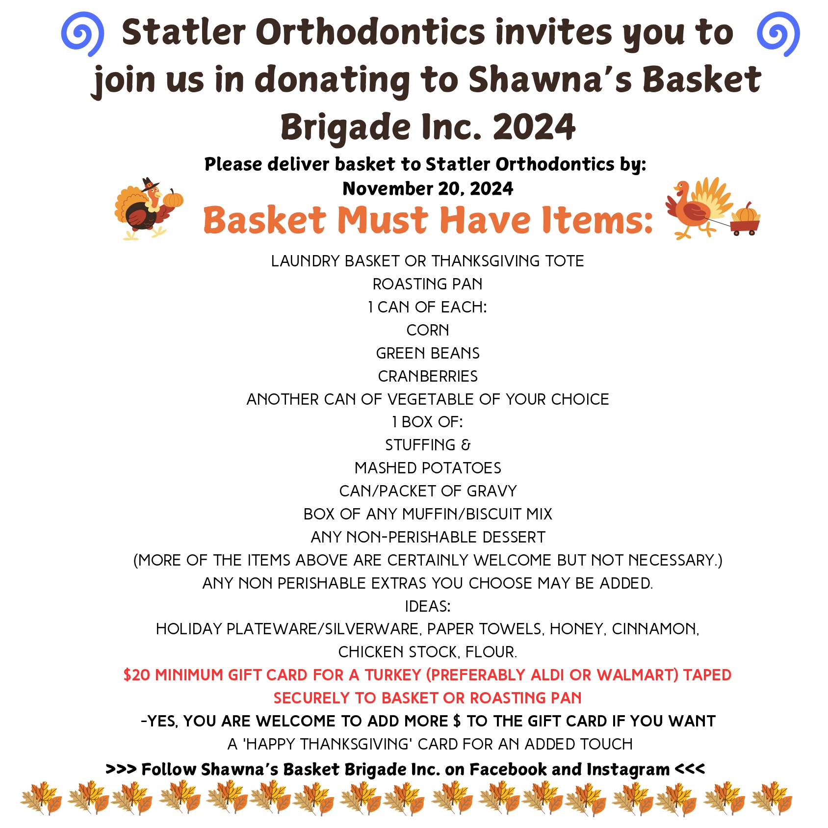 Statler Orthodontics charity flyer for Shawna's Basket Brigade donation drive with Thanksgiving basket items list.
