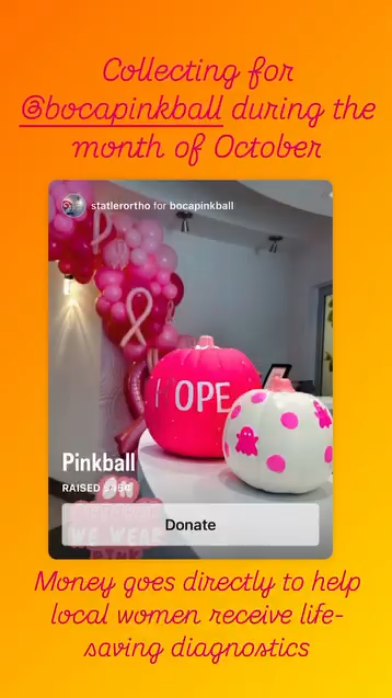 Pink and white Pinktober donation items displayed for orthodontic practice fundraiser campaign.