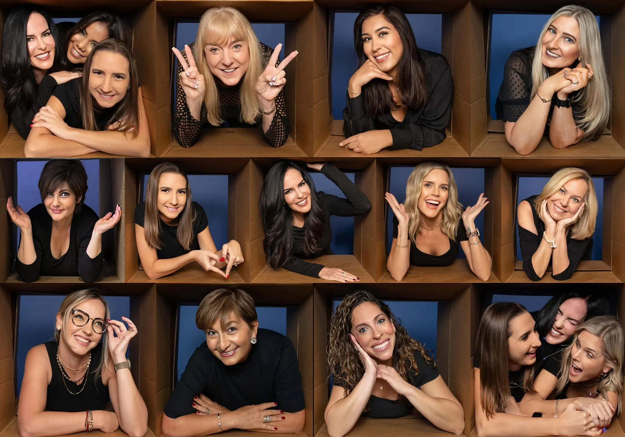 Staff members posing for professional headshots against blue backdrop at orthodontics office.